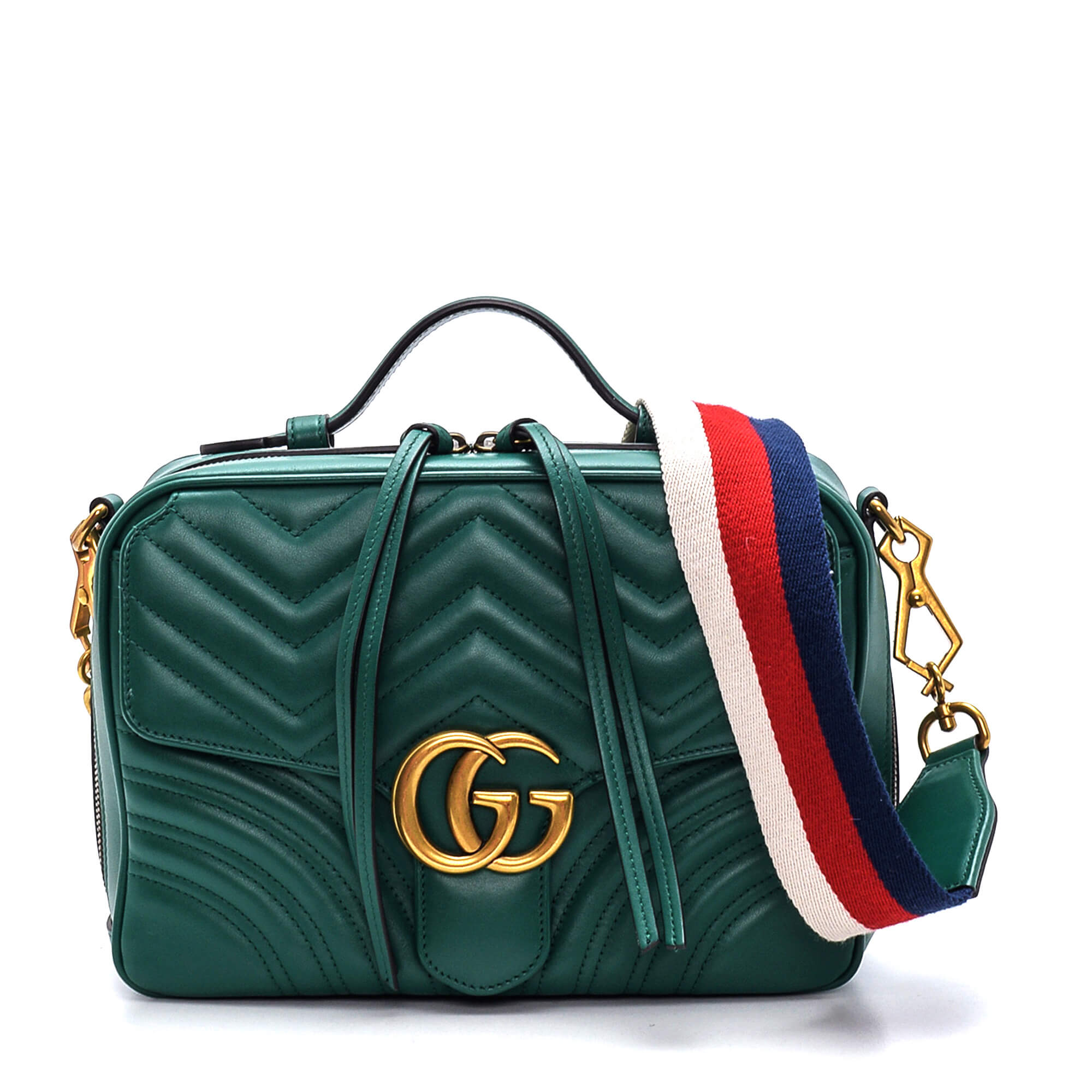 Gucci - Green Calfskin Leather Matelasse Marmont Sylvie Web Crossbody Bag
